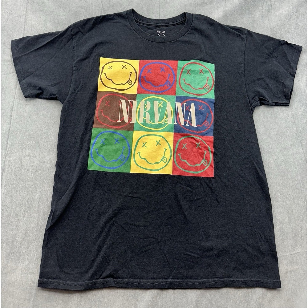 Nirvana Bleached Black Rainbow Multi Smiley Face Short Sleeve Shirt Adult Large